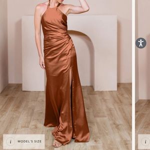 Fallon satin dress in rust from revelry